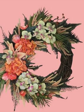 Tropical Floral Wreath with Orchids and Ferns - Pink & Green